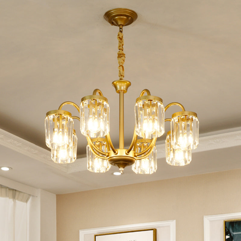 Post Modern Cylinder Pendant Chandelier Crystal Prisms 6/8 Heads Living Room Hanging Lighting in Gold 8 Gold Clearhalo 'Ceiling Lights' 'Chandeliers' 'Modern Chandeliers' 'Modern' Lighting' 1435203