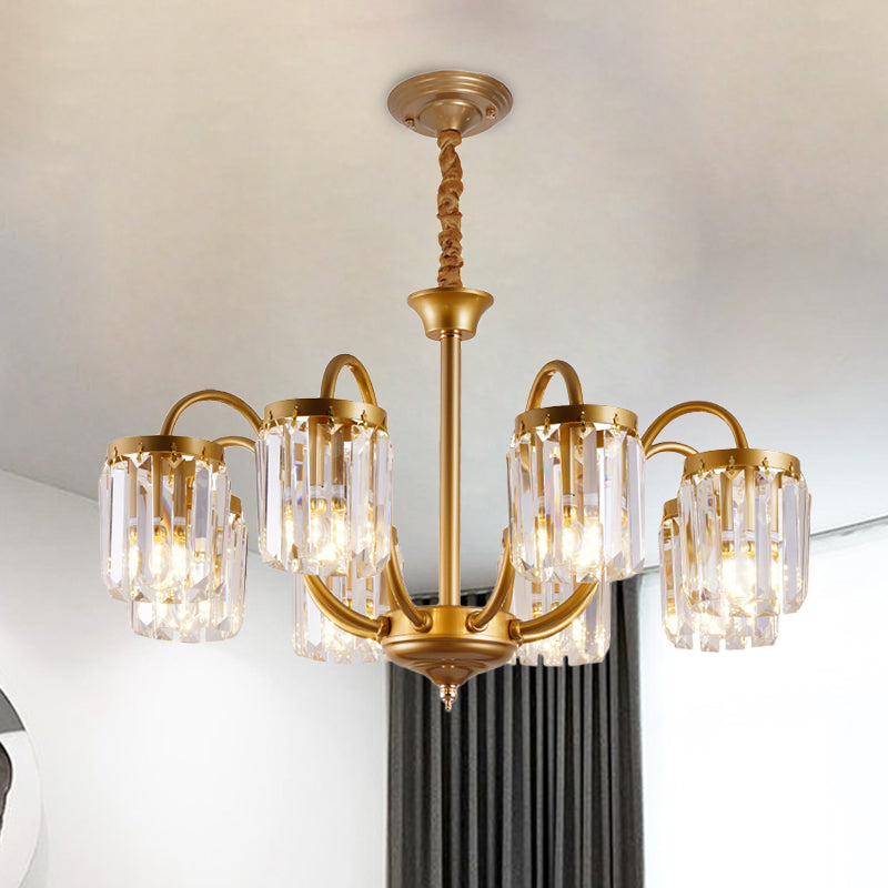 Post Modern Cylinder Pendant Chandelier Crystal Prisms 6/8 Heads Living Room Hanging Lighting in Gold Clearhalo 'Ceiling Lights' 'Chandeliers' 'Modern Chandeliers' 'Modern' Lighting' 1435204