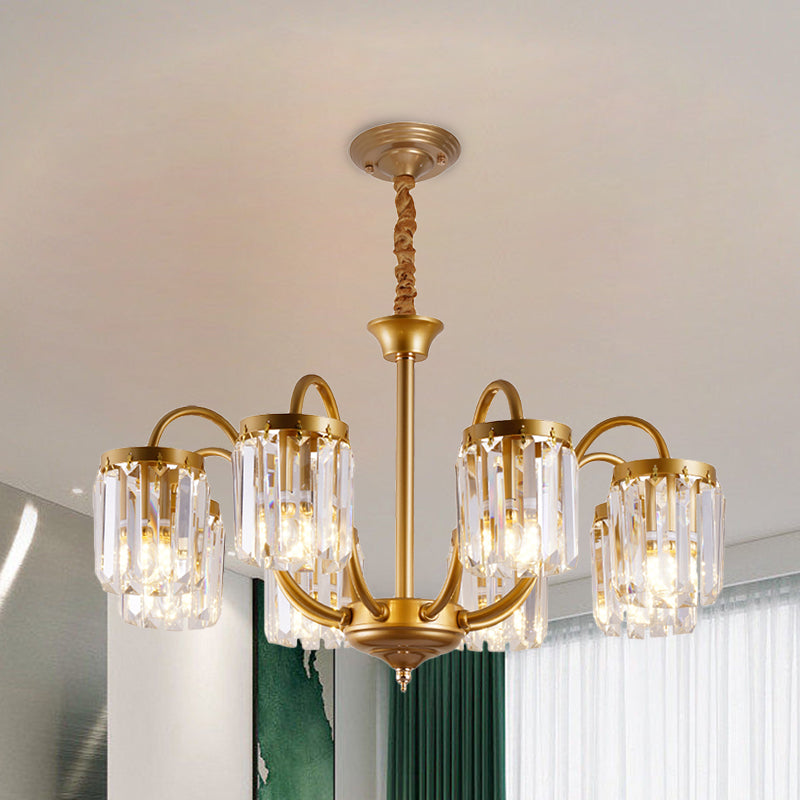 Post Modern Cylinder Pendant Chandelier Crystal Prisms 6/8 Heads Living Room Hanging Lighting in Gold Clearhalo 'Ceiling Lights' 'Chandeliers' 'Modern Chandeliers' 'Modern' Lighting' 1435205