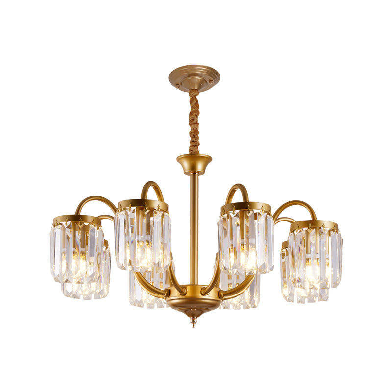 Post Modern Cylinder Pendant Chandelier Crystal Prisms 6/8 Heads Living Room Hanging Lighting in Gold Clearhalo 'Ceiling Lights' 'Chandeliers' 'Modern Chandeliers' 'Modern' Lighting' 1435206