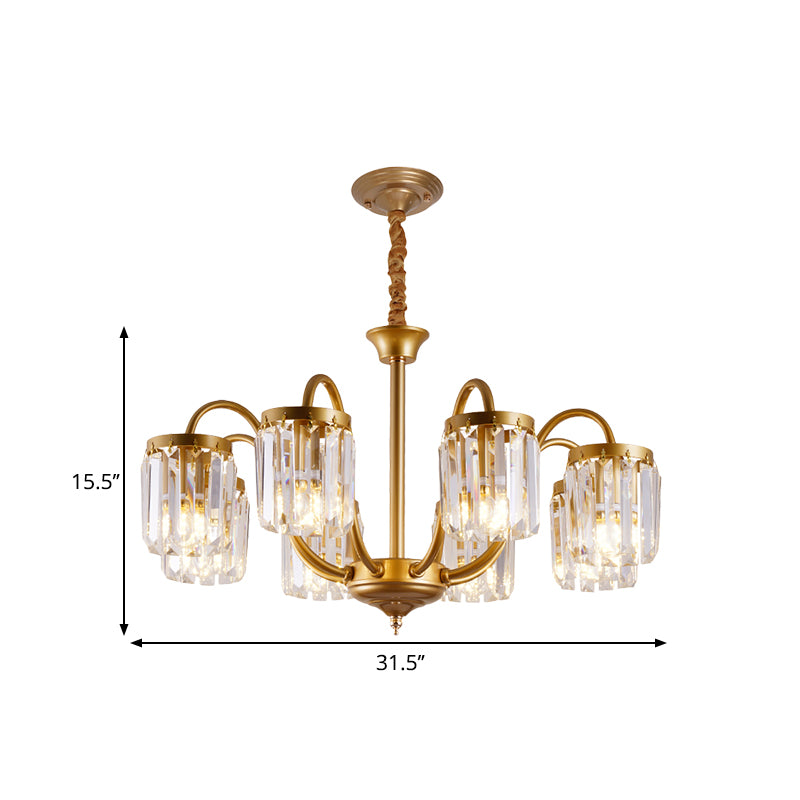 Post Modern Cylinder Pendant Chandelier Crystal Prisms 6/8 Heads Living Room Hanging Lighting in Gold Clearhalo 'Ceiling Lights' 'Chandeliers' 'Modern Chandeliers' 'Modern' Lighting' 1435207