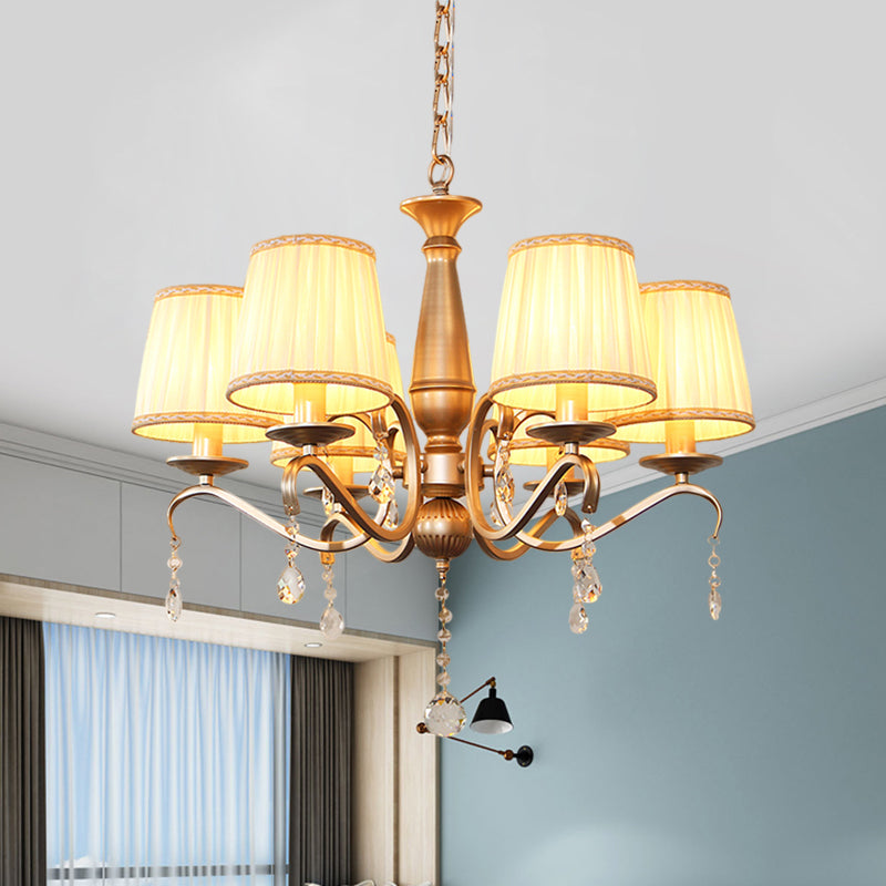 Traditional Barrel Shade Hanging Light 6 Bulbs Pleated Fabric Ceiling Chandelier with Gold Curved Arm Clearhalo 'Ceiling Lights' 'Chandeliers' Lighting' options 1435208