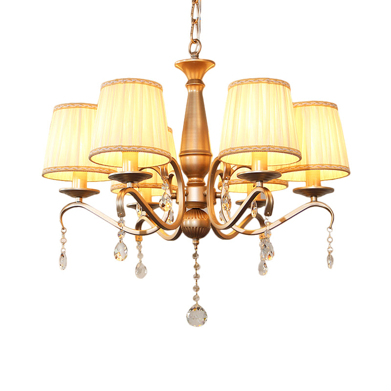 Traditional Barrel Shade Hanging Light 6 Bulbs Pleated Fabric Ceiling Chandelier with Gold Curved Arm Clearhalo 'Ceiling Lights' 'Chandeliers' Lighting' options 1435210