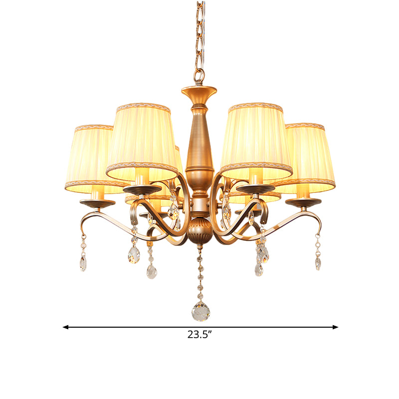 Traditional Barrel Shade Hanging Light 6 Bulbs Pleated Fabric Ceiling Chandelier with Gold Curved Arm Clearhalo 'Ceiling Lights' 'Chandeliers' Lighting' options 1435211