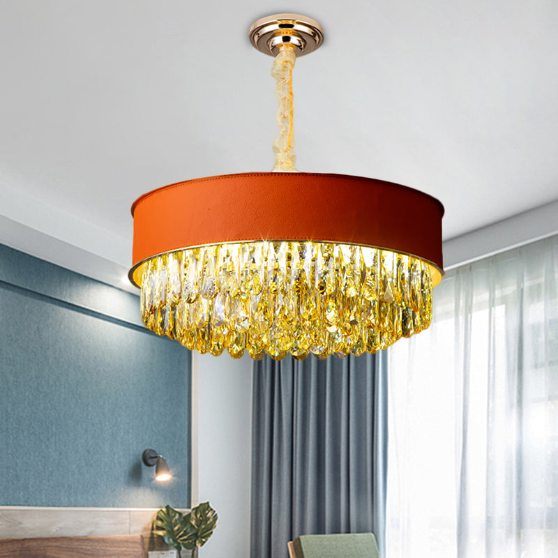 Drum Shape Crystal Block Chandelier Lighting Modernism 9-Light Black/Red/Blue Leatherwear Ceiling Hang Fixture Red Clearhalo 'Ceiling Lights' 'Chandeliers' 'Modern Chandeliers' 'Modern' Lighting' 1435212