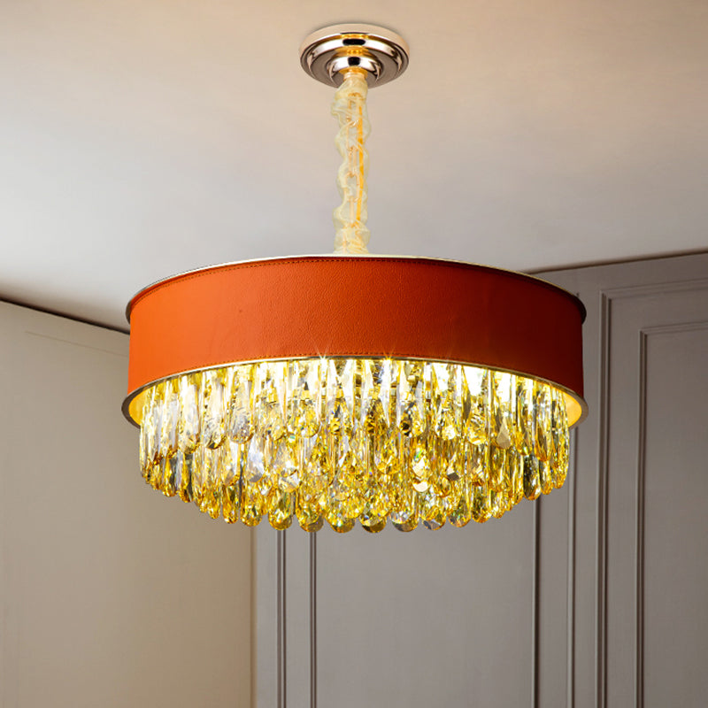 Drum Shape Crystal Block Chandelier Lighting Modernism 9-Light Black/Red/Blue Leatherwear Ceiling Hang Fixture Clearhalo 'Ceiling Lights' 'Chandeliers' 'Modern Chandeliers' 'Modern' Lighting' 1435213