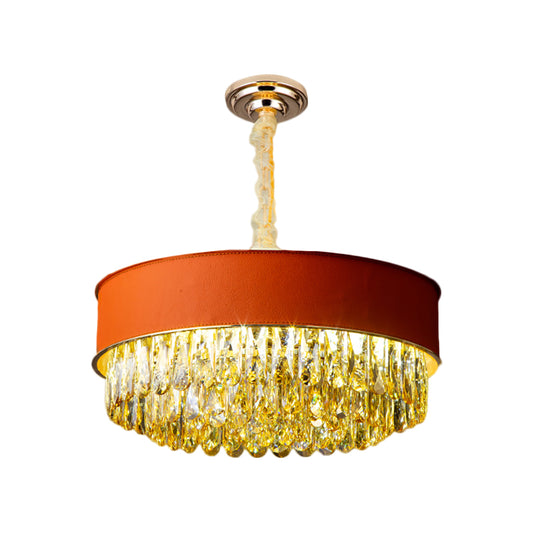 Drum Shape Crystal Block Chandelier Lighting Modernism 9-Light Black/Red/Blue Leatherwear Ceiling Hang Fixture Clearhalo 'Ceiling Lights' 'Chandeliers' 'Modern Chandeliers' 'Modern' Lighting' 1435214