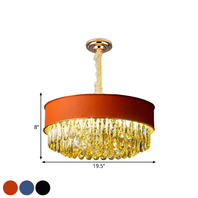 Drum Shape Crystal Block Chandelier Lighting Modernism 9-Light Black/Red/Blue Leatherwear Ceiling Hang Fixture Clearhalo 'Ceiling Lights' 'Chandeliers' 'Modern Chandeliers' 'Modern' Lighting' 1435215