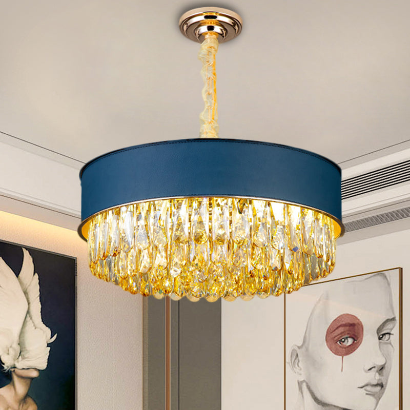 Drum Shape Crystal Block Chandelier Lighting Modernism 9-Light Black/Red/Blue Leatherwear Ceiling Hang Fixture Blue Clearhalo 'Ceiling Lights' 'Chandeliers' 'Modern Chandeliers' 'Modern' Lighting' 1435216