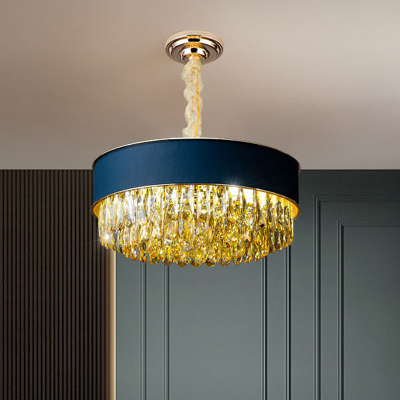 Drum Shape Crystal Block Chandelier Lighting Modernism 9-Light Black/Red/Blue Leatherwear Ceiling Hang Fixture Clearhalo 'Ceiling Lights' 'Chandeliers' 'Modern Chandeliers' 'Modern' Lighting' 1435217