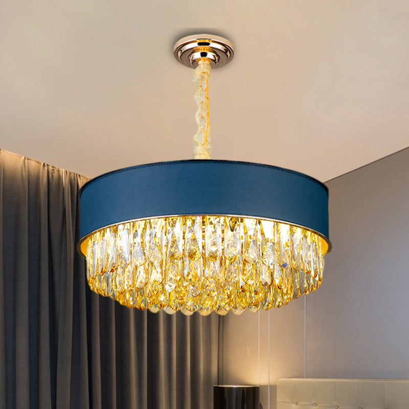 Drum Shape Crystal Block Chandelier Lighting Modernism 9-Light Black/Red/Blue Leatherwear Ceiling Hang Fixture Clearhalo 'Ceiling Lights' 'Chandeliers' 'Modern Chandeliers' 'Modern' Lighting' 1435218