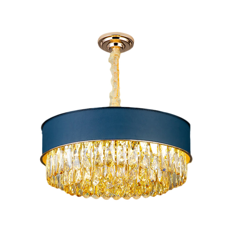 Drum Shape Crystal Block Chandelier Lighting Modernism 9-Light Black/Red/Blue Leatherwear Ceiling Hang Fixture Clearhalo 'Ceiling Lights' 'Chandeliers' 'Modern Chandeliers' 'Modern' Lighting' 1435219