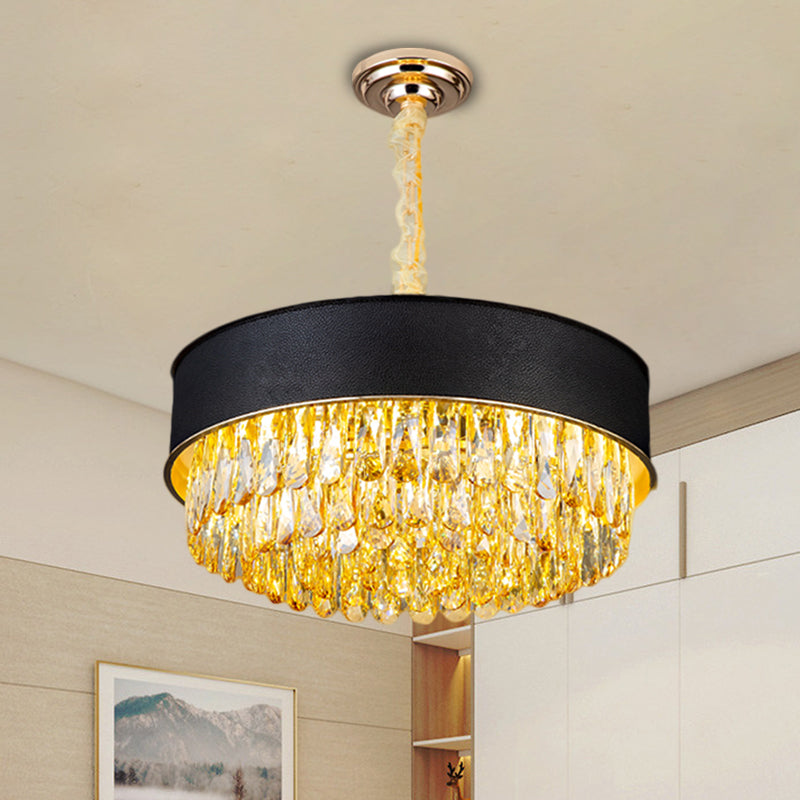 Drum Shape Crystal Block Chandelier Lighting Modernism 9-Light Black/Red/Blue Leatherwear Ceiling Hang Fixture Black Clearhalo 'Ceiling Lights' 'Chandeliers' 'Modern Chandeliers' 'Modern' Lighting' 1435220