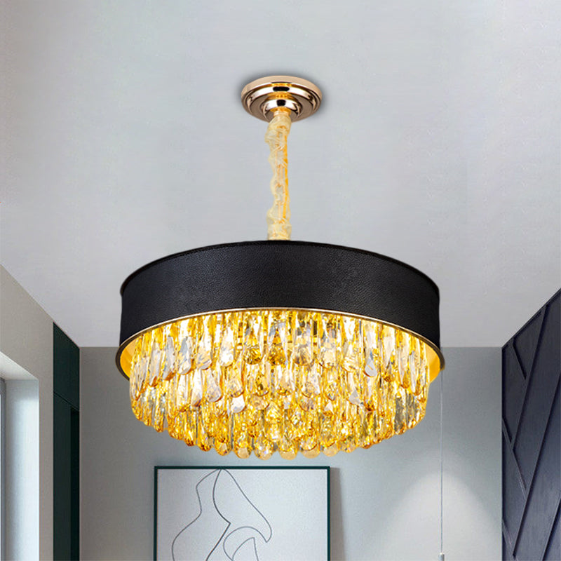 Drum Shape Crystal Block Chandelier Lighting Modernism 9-Light Black/Red/Blue Leatherwear Ceiling Hang Fixture Clearhalo 'Ceiling Lights' 'Chandeliers' 'Modern Chandeliers' 'Modern' Lighting' 1435222