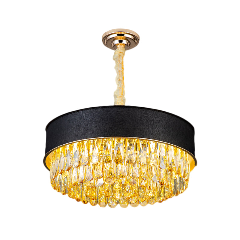 Drum Shape Crystal Block Chandelier Lighting Modernism 9-Light Black/Red/Blue Leatherwear Ceiling Hang Fixture Clearhalo 'Ceiling Lights' 'Chandeliers' 'Modern Chandeliers' 'Modern' Lighting' 1435223