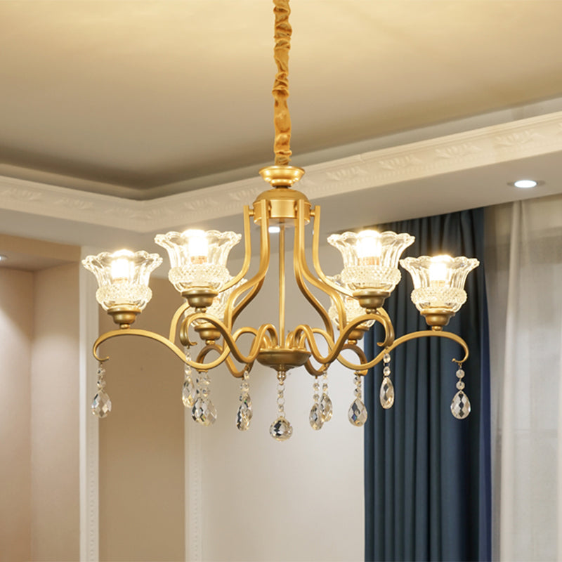 Gold 3/6/8 Lights Ceiling Chandelier Traditional Crystal Glass Floral Shade Parlour Suspension Lamp 6 Gold Clearhalo 'Ceiling Lights' 'Chandeliers' 'Modern Chandeliers' 'Modern' Lighting' 1435242