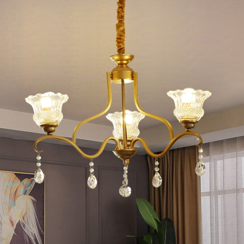 Gold 3/6/8 Lights Ceiling Chandelier Traditional Crystal Glass Floral Shade Parlour Suspension Lamp 3 Gold Clearhalo 'Ceiling Lights' 'Chandeliers' 'Modern Chandeliers' 'Modern' Lighting' 1435243