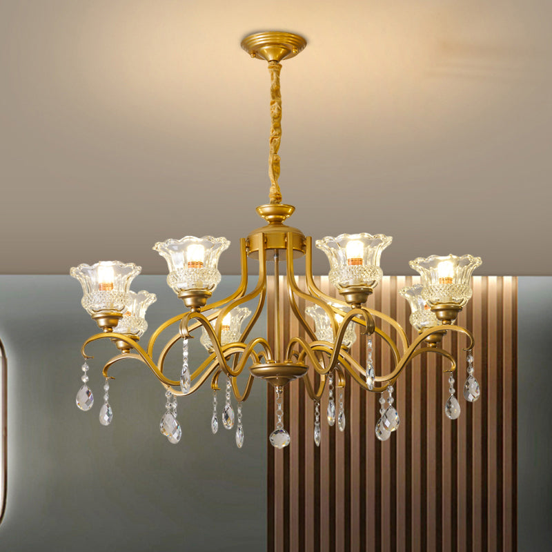 Gold 3/6/8 Lights Ceiling Chandelier Traditional Crystal Glass Floral Shade Parlour Suspension Lamp 8 Gold Clearhalo 'Ceiling Lights' 'Chandeliers' 'Modern Chandeliers' 'Modern' Lighting' 1435251