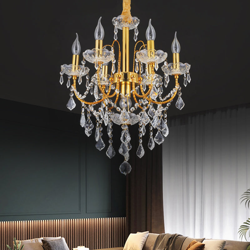 Candelabra Dining Room Chandelier Traditional Metal 5/7/9 Bulbs Gold Hanging Light Kit with Swag Crystal Strand Deco 7 Gold Clearhalo 'Ceiling Lights' 'Chandeliers' 'Modern Chandeliers' 'Modern' Lighting' 1435260