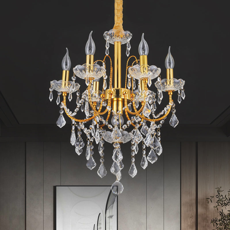 Candelabra Dining Room Chandelier Traditional Metal 5/7/9 Bulbs Gold Hanging Light Kit with Swag Crystal Strand Deco Clearhalo 'Ceiling Lights' 'Chandeliers' 'Modern Chandeliers' 'Modern' Lighting' 1435261