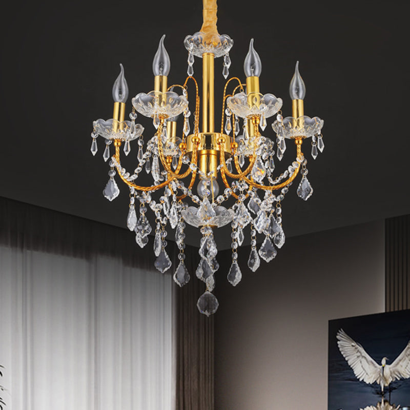 Candelabra Dining Room Chandelier Traditional Metal 5/7/9 Bulbs Gold Hanging Light Kit with Swag Crystal Strand Deco Clearhalo 'Ceiling Lights' 'Chandeliers' 'Modern Chandeliers' 'Modern' Lighting' 1435262