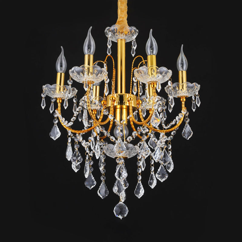 Candelabra Dining Room Chandelier Traditional Metal 5/7/9 Bulbs Gold Hanging Light Kit with Swag Crystal Strand Deco Clearhalo 'Ceiling Lights' 'Chandeliers' 'Modern Chandeliers' 'Modern' Lighting' 1435263