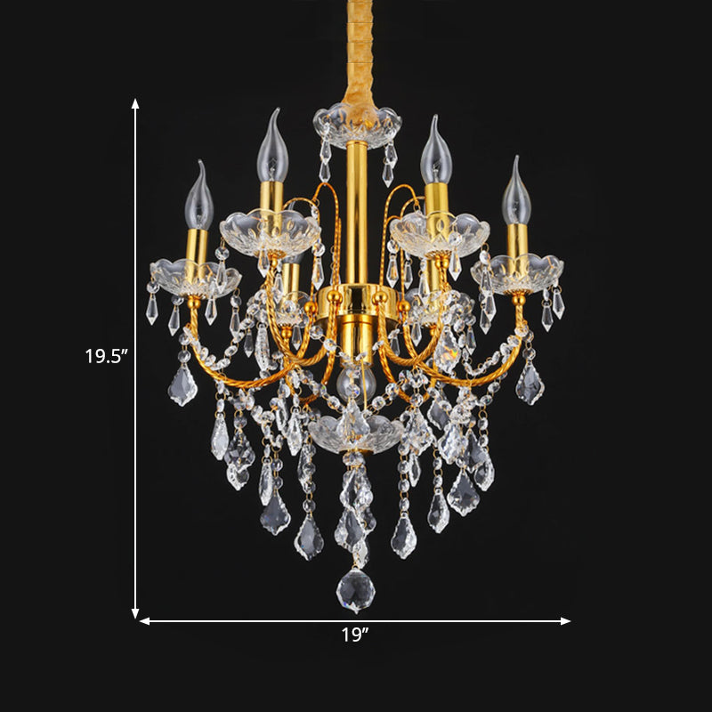 Candelabra Dining Room Chandelier Traditional Metal 5/7/9 Bulbs Gold Hanging Light Kit with Swag Crystal Strand Deco Clearhalo 'Ceiling Lights' 'Chandeliers' 'Modern Chandeliers' 'Modern' Lighting' 1435264