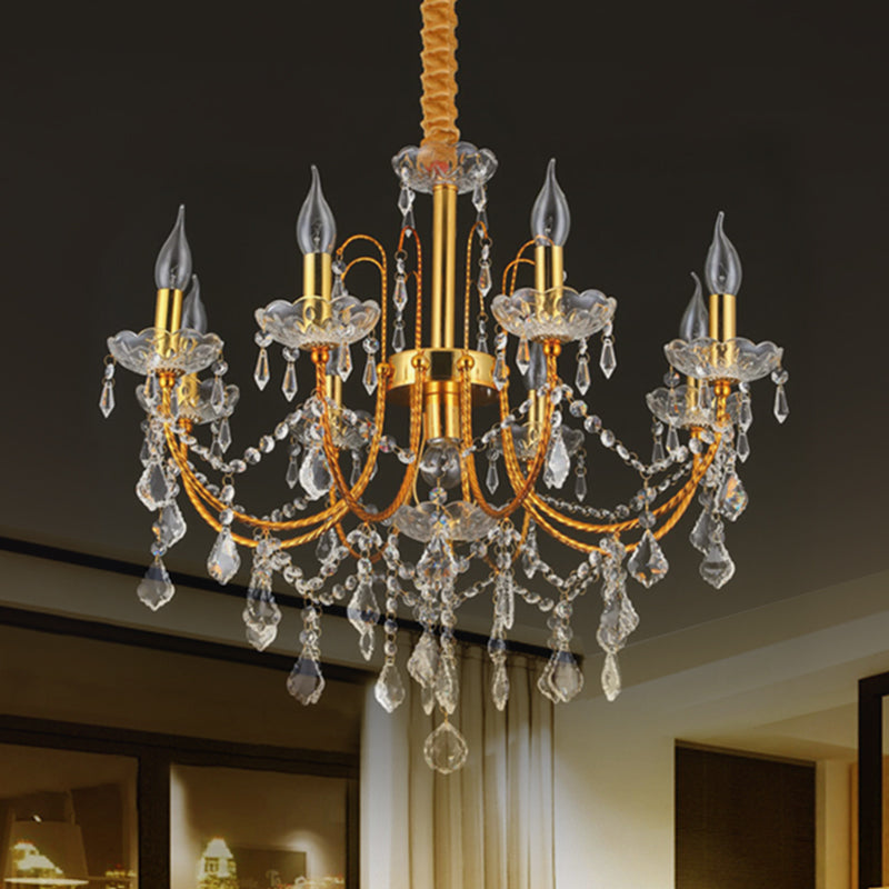 Candelabra Dining Room Chandelier Traditional Metal 5/7/9 Bulbs Gold Hanging Light Kit with Swag Crystal Strand Deco Clearhalo 'Ceiling Lights' 'Chandeliers' 'Modern Chandeliers' 'Modern' Lighting' 1435266