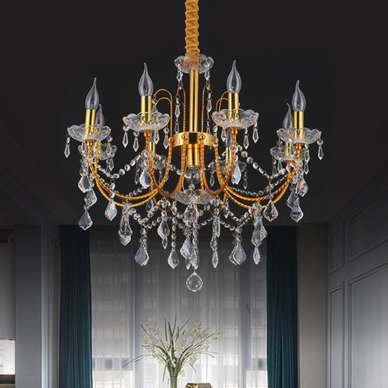 Candelabra Dining Room Chandelier Traditional Metal 5/7/9 Bulbs Gold Hanging Light Kit with Swag Crystal Strand Deco Clearhalo 'Ceiling Lights' 'Chandeliers' 'Modern Chandeliers' 'Modern' Lighting' 1435267