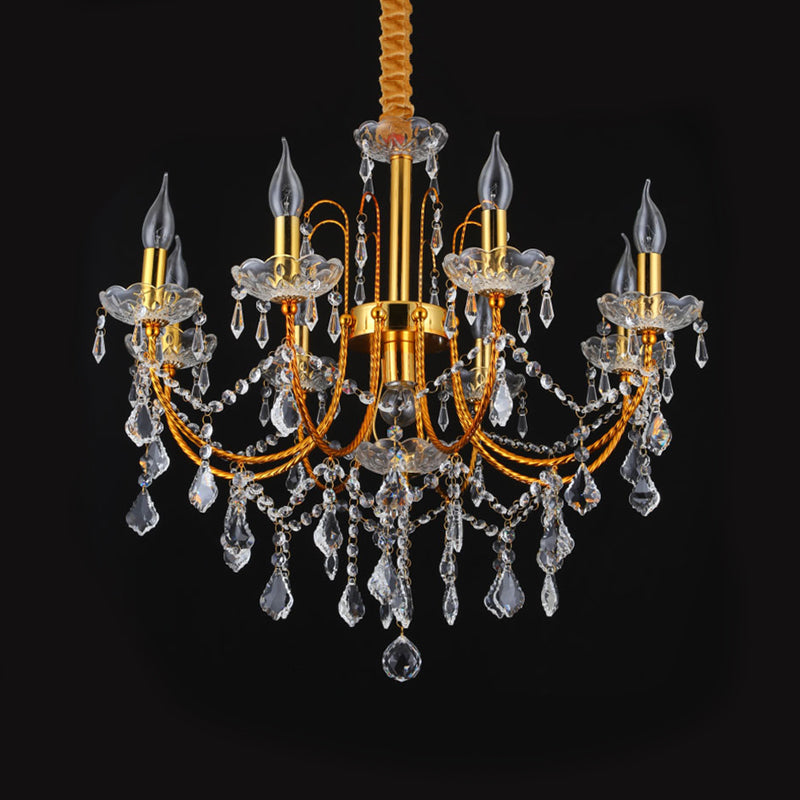 Candelabra Dining Room Chandelier Traditional Metal 5/7/9 Bulbs Gold Hanging Light Kit with Swag Crystal Strand Deco Clearhalo 'Ceiling Lights' 'Chandeliers' 'Modern Chandeliers' 'Modern' Lighting' 1435268