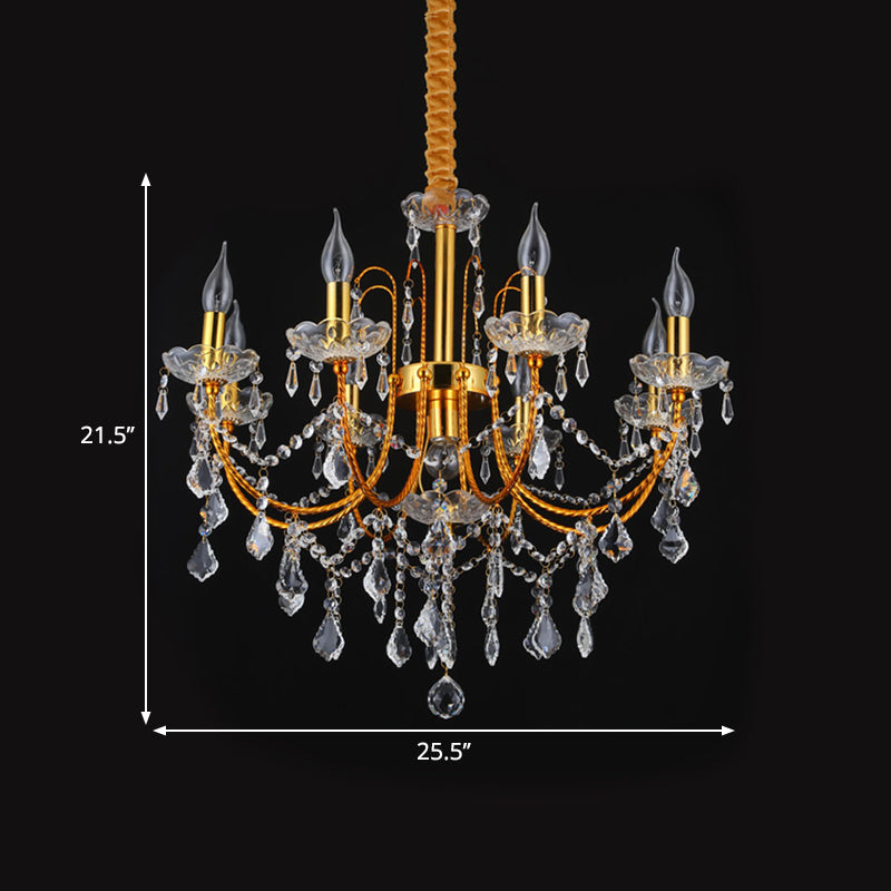 Candelabra Dining Room Chandelier Traditional Metal 5/7/9 Bulbs Gold Hanging Light Kit with Swag Crystal Strand Deco Clearhalo 'Ceiling Lights' 'Chandeliers' 'Modern Chandeliers' 'Modern' Lighting' 1435269