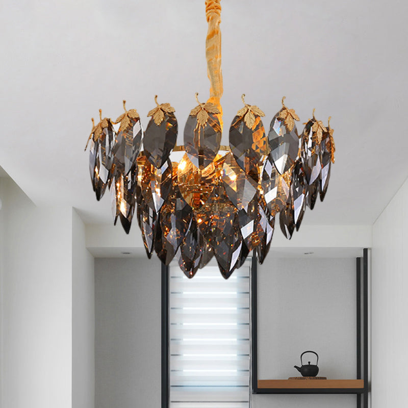 Black Crystal Leaf Suspension Light with Tapered Design Modern 4 Heads Coffee Shop Chandelier Lamp in Gold Clearhalo 'Ceiling Lights' 'Chandeliers' 'Modern Chandeliers' 'Modern' Lighting' 1435271