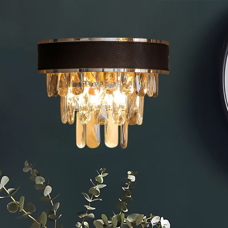 Crystal Block Layered Sconce Light Fixture Minimalist 3 Bulbs Black and Gold Wall Mount Lamp Black-Gold Clearhalo 'Modern wall lights' 'Modern' 'Wall Lamps & Sconces' 'Wall Lights' Lighting' 1435283