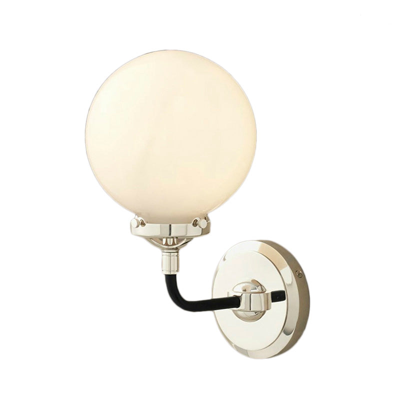 Modern Globe Shade Wall Lighting Fixture 1/2-Bulb Opal Glass Sconce Light in Antique Brass/Chrome Clearhalo 'Cast Iron' 'Glass' 'Industrial wall lights' 'Industrial' 'Middle century wall lights' 'Modern' 'Tiffany' 'Traditional wall lights' 'Wall Lamps & Sconces' 'Wall Lights' Lighting' 143645