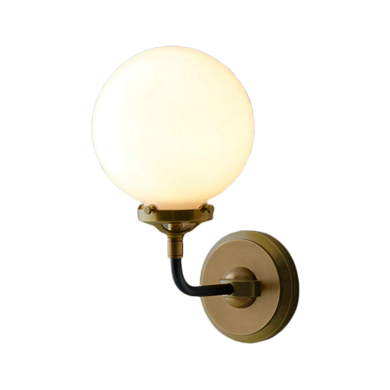 Modern Globe Shade Wall Lighting Fixture 1/2-Bulb Opal Glass Sconce Light in Antique Brass/Chrome Clearhalo 'Cast Iron' 'Glass' 'Industrial wall lights' 'Industrial' 'Middle century wall lights' 'Modern' 'Tiffany' 'Traditional wall lights' 'Wall Lamps & Sconces' 'Wall Lights' Lighting' 143648