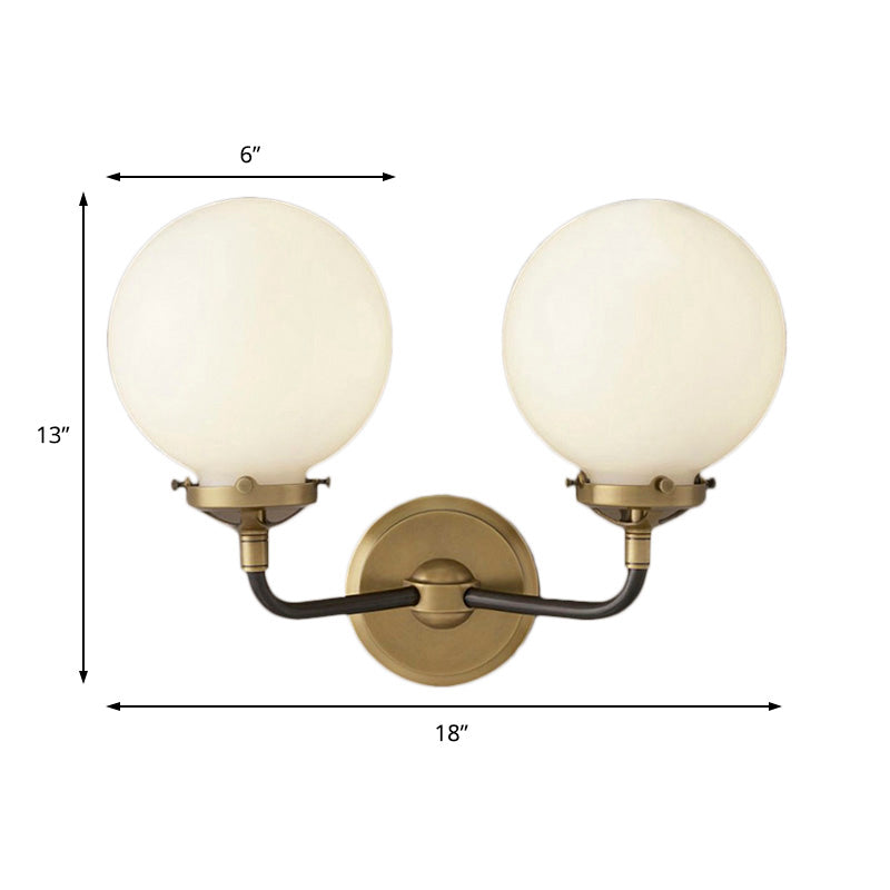 Modern Globe Shade Wall Lighting Fixture 1/2-Bulb Opal Glass Sconce Light in Antique Brass/Chrome Clearhalo 'Cast Iron' 'Glass' 'Industrial wall lights' 'Industrial' 'Middle century wall lights' 'Modern' 'Tiffany' 'Traditional wall lights' 'Wall Lamps & Sconces' 'Wall Lights' Lighting' 143651