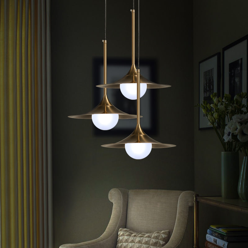 Brass Finish Flared Ceiling Light with Frosted Glass Shade Mid Century 1 Light Hallway Pendant Light Clearhalo 'Ceiling Lights' 'Modern Pendants' 'Modern' 'Pendant Lights' 'Pendants' Lighting' 143659