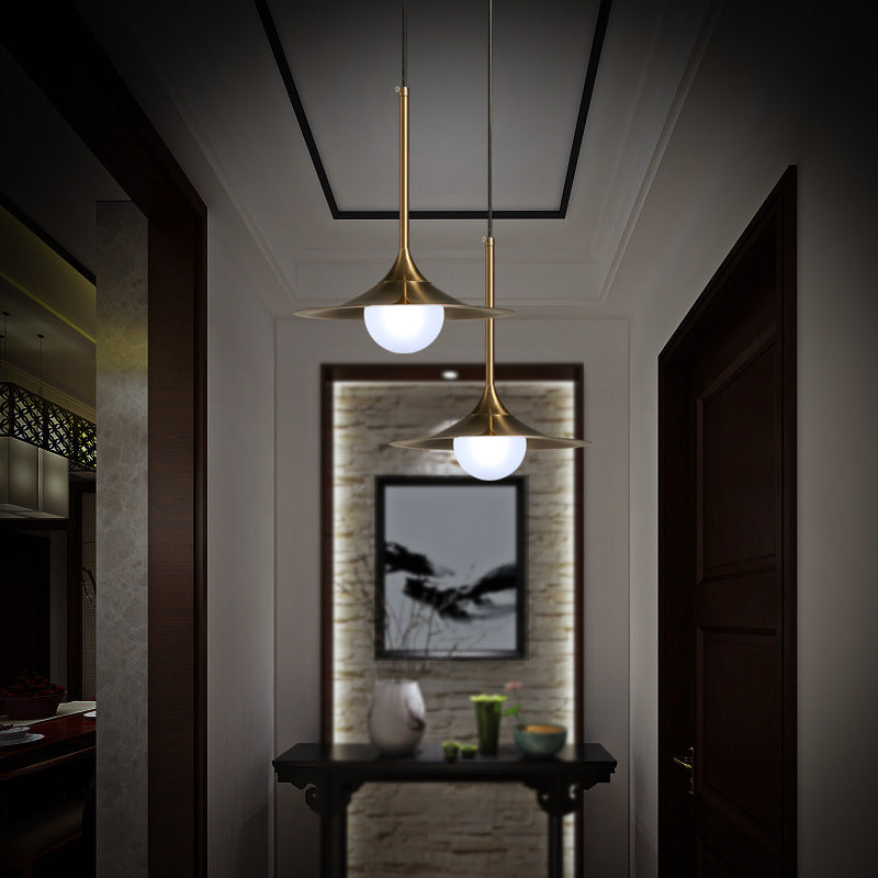 Brass Finish Flared Ceiling Light with Frosted Glass Shade Mid Century 1 Light Hallway Pendant Light Brass Clearhalo 'Ceiling Lights' 'Modern Pendants' 'Modern' 'Pendant Lights' 'Pendants' Lighting' 143660