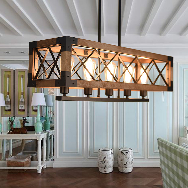 5 Bulbs Rectangle Pendant Light with Frame Shade Rustic Loft Brown Metal and Wood Island Light Brown Clearhalo 'Ceiling Lights' 'Island Lights' Lighting' 143702