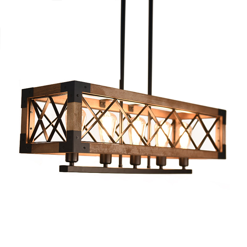 5 Bulbs Rectangle Pendant Light with Frame Shade Rustic Loft Brown Metal and Wood Island Light Clearhalo 'Ceiling Lights' 'Island Lights' Lighting' 143704