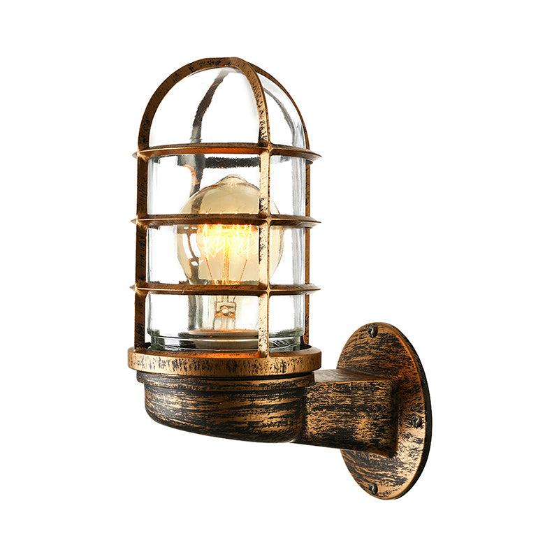Cylinder Clear Glass Wall Mounted Lamp Industrial Single Bulb Living Room Sconce Light in Pink/Blue/Green with Cage Clearhalo 'Cast Iron' 'Glass' 'Industrial' 'Modern wall lights' 'Modern' 'Tiffany' 'Traditional wall lights' 'Wall Lamps & Sconces' 'Wall Lights' Lighting' 143715