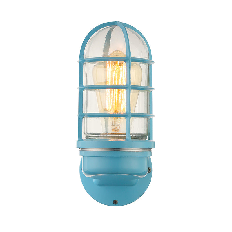 Cylinder Clear Glass Wall Mounted Lamp Industrial Single Bulb Living Room Sconce Light in Pink/Blue/Green with Cage Clearhalo 'Cast Iron' 'Glass' 'Industrial' 'Modern wall lights' 'Modern' 'Tiffany' 'Traditional wall lights' 'Wall Lamps & Sconces' 'Wall Lights' Lighting' 143722