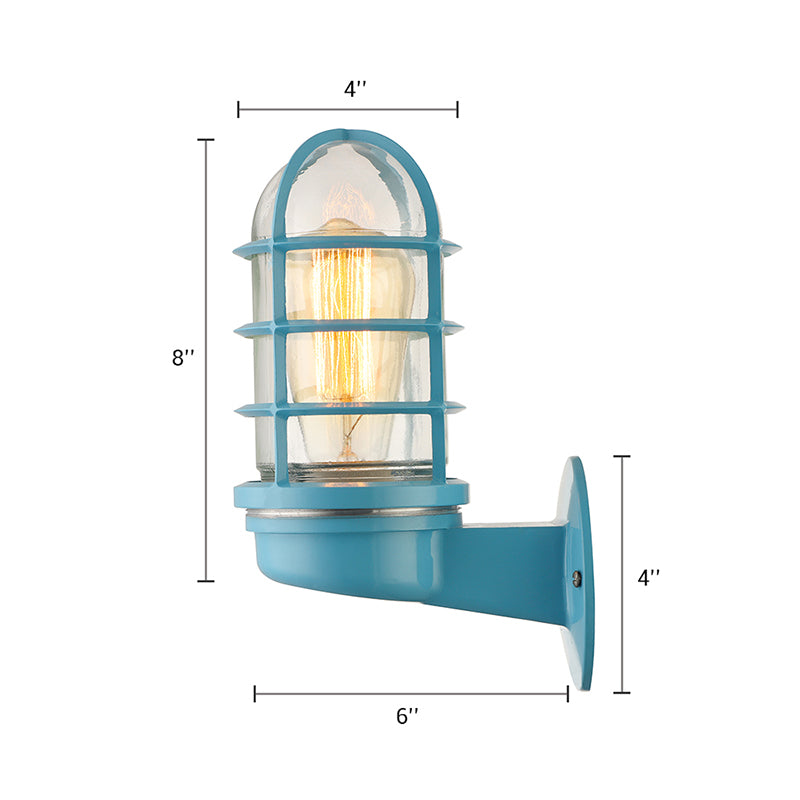 Cylinder Clear Glass Wall Mounted Lamp Industrial Single Bulb Living Room Sconce Light in Pink/Blue/Green with Cage Clearhalo 'Cast Iron' 'Glass' 'Industrial' 'Modern wall lights' 'Modern' 'Tiffany' 'Traditional wall lights' 'Wall Lamps & Sconces' 'Wall Lights' Lighting' 143723