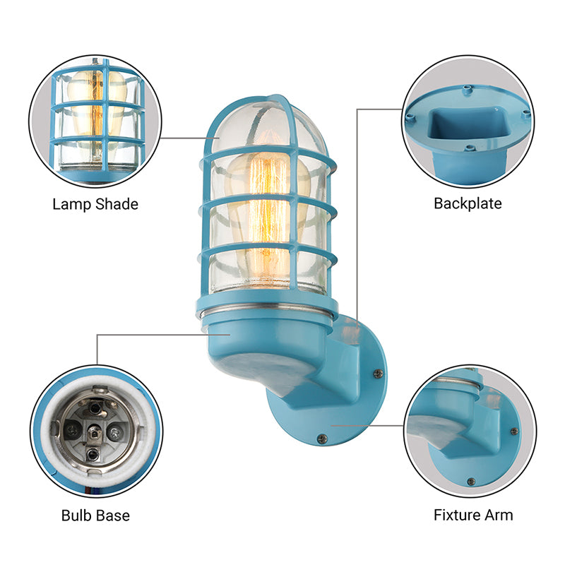 Cylinder Clear Glass Wall Mounted Lamp Industrial Single Bulb Living Room Sconce Light in Pink/Blue/Green with Cage Clearhalo 'Cast Iron' 'Glass' 'Industrial' 'Modern wall lights' 'Modern' 'Tiffany' 'Traditional wall lights' 'Wall Lamps & Sconces' 'Wall Lights' Lighting' 143724