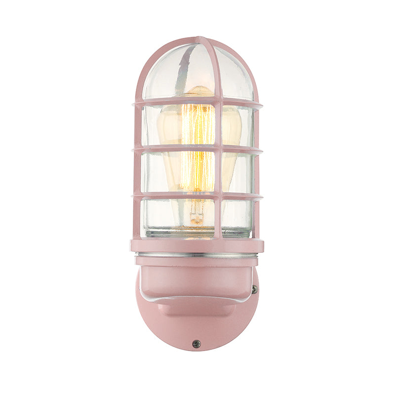 Cylinder Clear Glass Wall Mounted Lamp Industrial Single Bulb Living Room Sconce Light in Pink/Blue/Green with Cage Clearhalo 'Cast Iron' 'Glass' 'Industrial' 'Modern wall lights' 'Modern' 'Tiffany' 'Traditional wall lights' 'Wall Lamps & Sconces' 'Wall Lights' Lighting' 143727