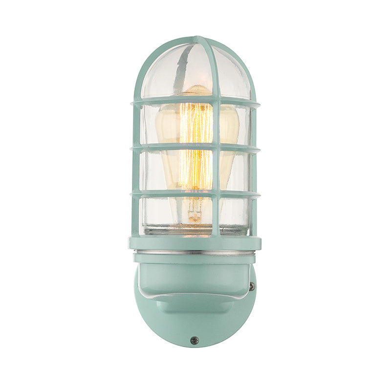 Cylinder Clear Glass Wall Mounted Lamp Industrial Single Bulb Living Room Sconce Light in Pink/Blue/Green with Cage Clearhalo 'Cast Iron' 'Glass' 'Industrial' 'Modern wall lights' 'Modern' 'Tiffany' 'Traditional wall lights' 'Wall Lamps & Sconces' 'Wall Lights' Lighting' 143731