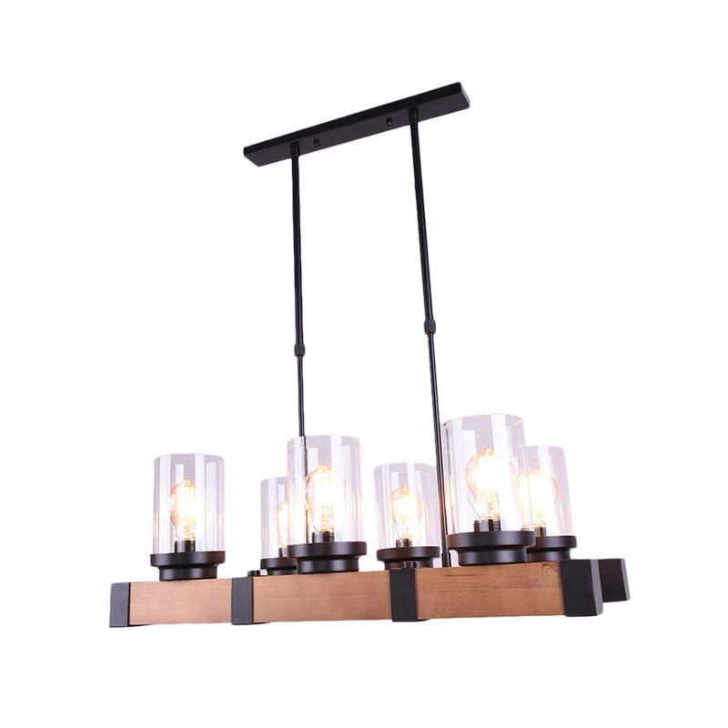 3/6 Lights Island Lighting with Cylinder Shade Clear Glass Industrial Dining Room Hanging Lamp in Brown Clearhalo 'Ceiling Lights' 'Glass shade' 'Glass' 'Island Lights' 'Pendant Lights' Lighting' 143734
