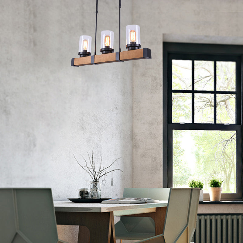 3/6 Lights Island Lighting with Cylinder Shade Clear Glass Industrial Dining Room Hanging Lamp in Brown 3 Brown Clearhalo 'Ceiling Lights' 'Glass shade' 'Glass' 'Island Lights' 'Pendant Lights' Lighting' 143738