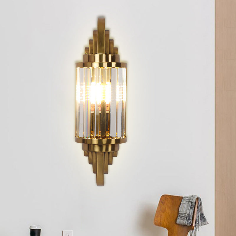 Gold Finish Half Cylinder Sconce Postmodern 1-Head Crystal Prisms Wall Light Fixture for Living Room Gold Clearhalo 'Modern wall lights' 'Modern' 'Wall Lamps & Sconces' 'Wall Lights' Lighting' 1439999
