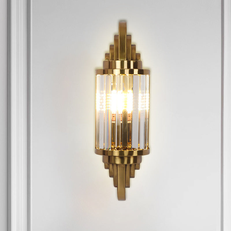 Gold Finish Half Cylinder Sconce Postmodern 1-Head Crystal Prisms Wall Light Fixture for Living Room Clearhalo 'Modern wall lights' 'Modern' 'Wall Lamps & Sconces' 'Wall Lights' Lighting' 1440000